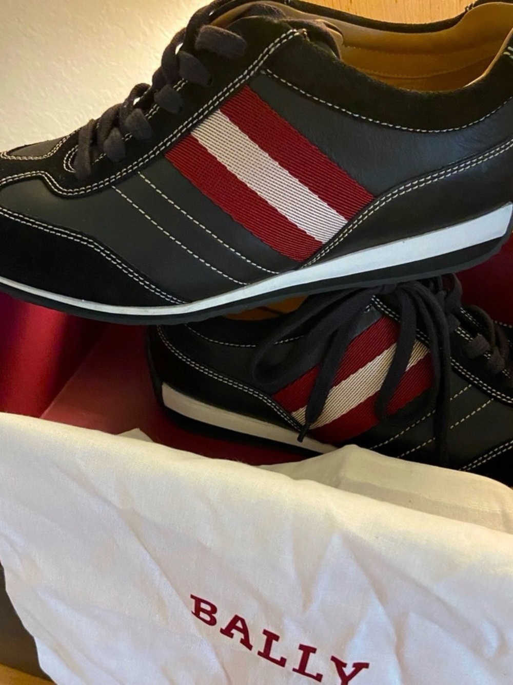 Women’s Bally Leather & Suede Sneakers with Red and White Stripes